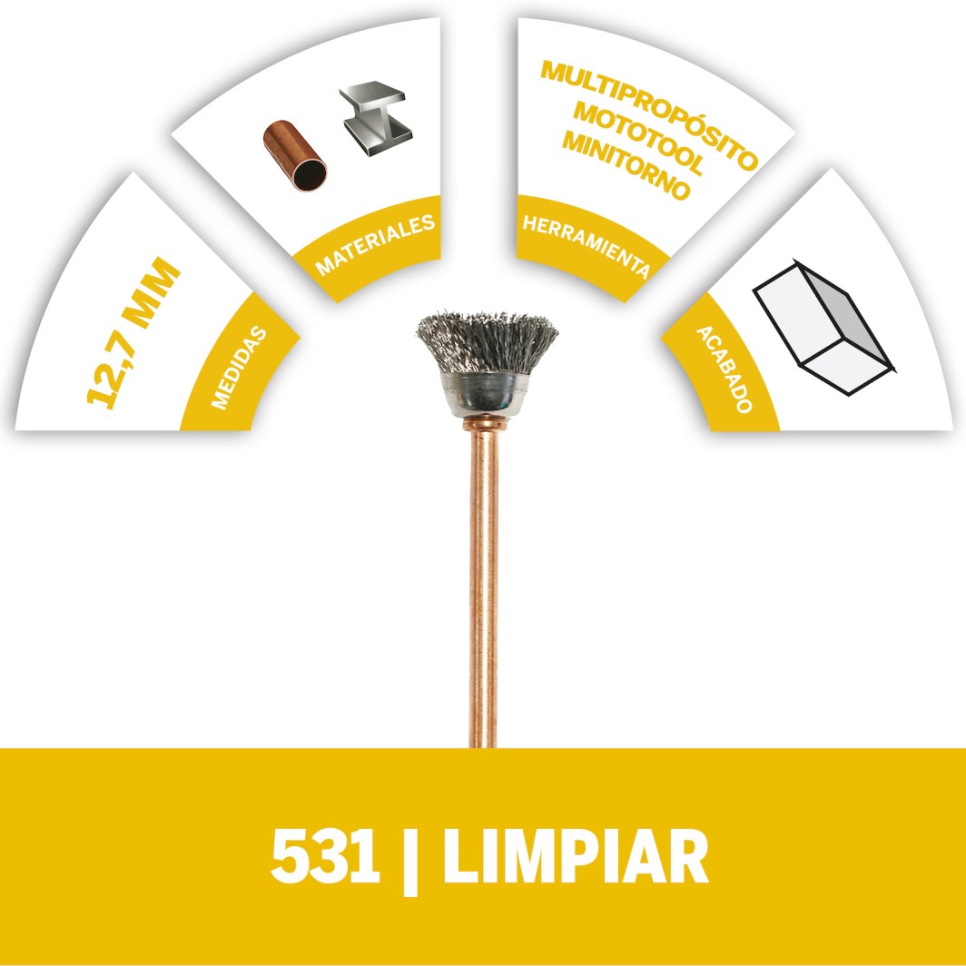 Ideal para limpiar, para desbarbar y para el acabado de superficies de artículos de acero inoxidable, aluminio, plata, peltre u otros metales blancos Muy eficaz sobre superficies planas y en lugares de difícil acceso, como ranuras Cerdas de alambre de acero inoxidable Muy efectivo sobre superficies planas y en lugares de difícil acceso, como ranuras