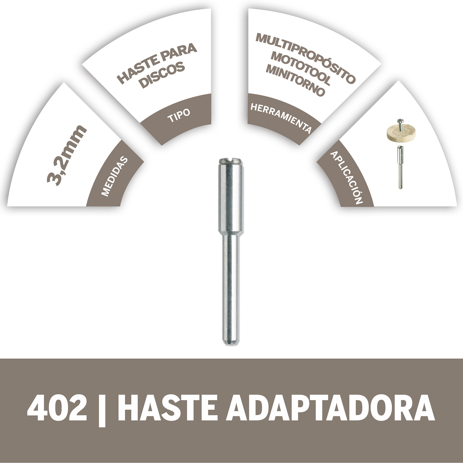 Mandril que permite montar diferentes accesorios para usar con tu multiherramienta Dremel El mandril 402 se utiliza principalmente con los discos de corte y discos de pulir Dremel Posee una cabeza de tornillo ranurada y un vástago de 3,2 mm Para usar con todas las multiherramientas Dremel Utiliza la llave de cabeza plana para aflojar o apretar el tornillo del mandril