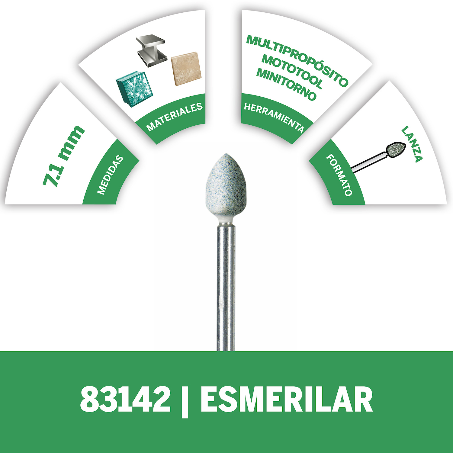 Ideal para afilar, desbarbar y en general amolar materiales duros Diseñada para trabajar en piedra, vidrio, cerámica, porcelana, piedras preciosas y metales no férreos Diseñada especialmente para trabajar superficies cónicas y planas Excelente para el lijado y el grabado