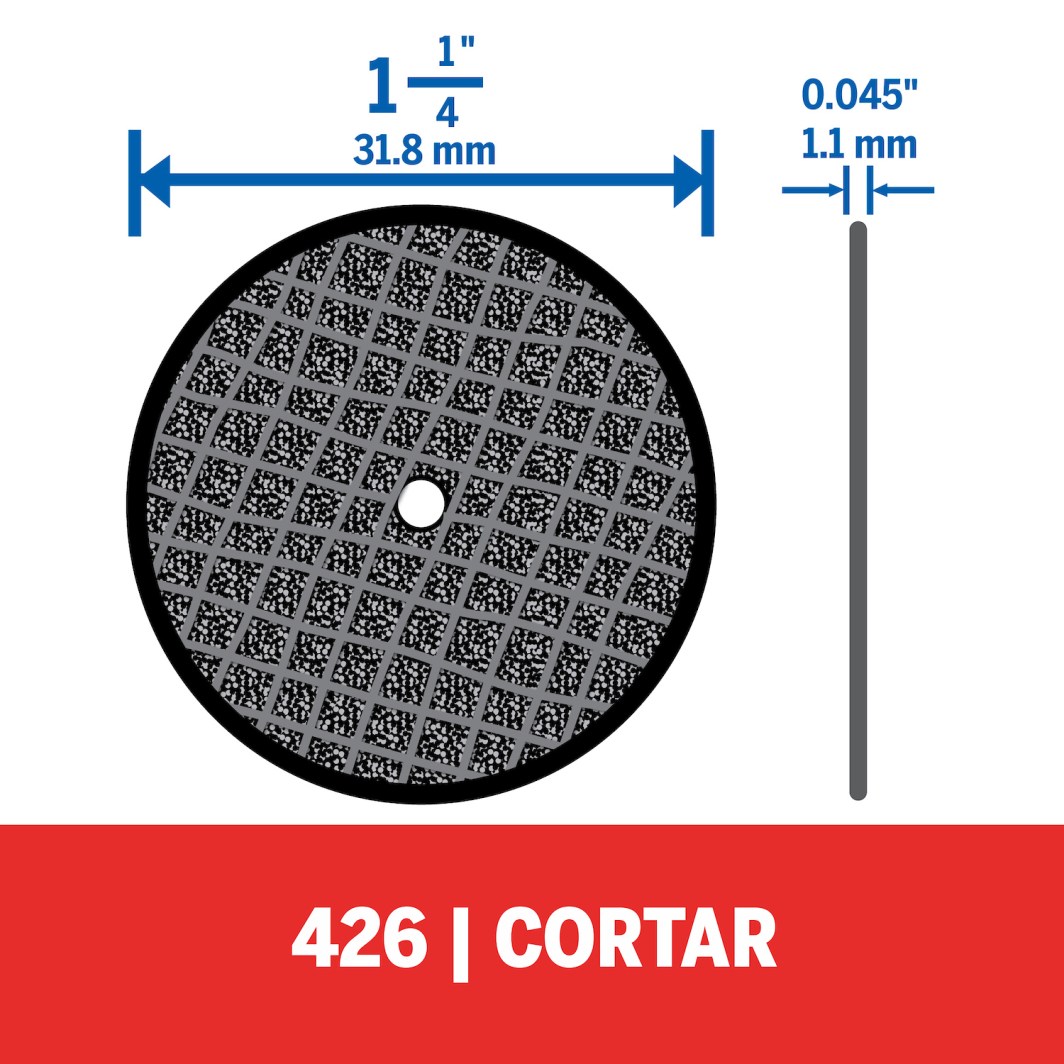Resumen del producto Ideal para cortar, acanalar y recortar todo tipo de metal También se puede utilizar en otros materiales, como madera delgada, plásticos y cerámica Cortar pernos o tornillos, o realizar ranuras en pernos y tornillos gastados El disco de corte actúa únicamente a lo largo de su borde