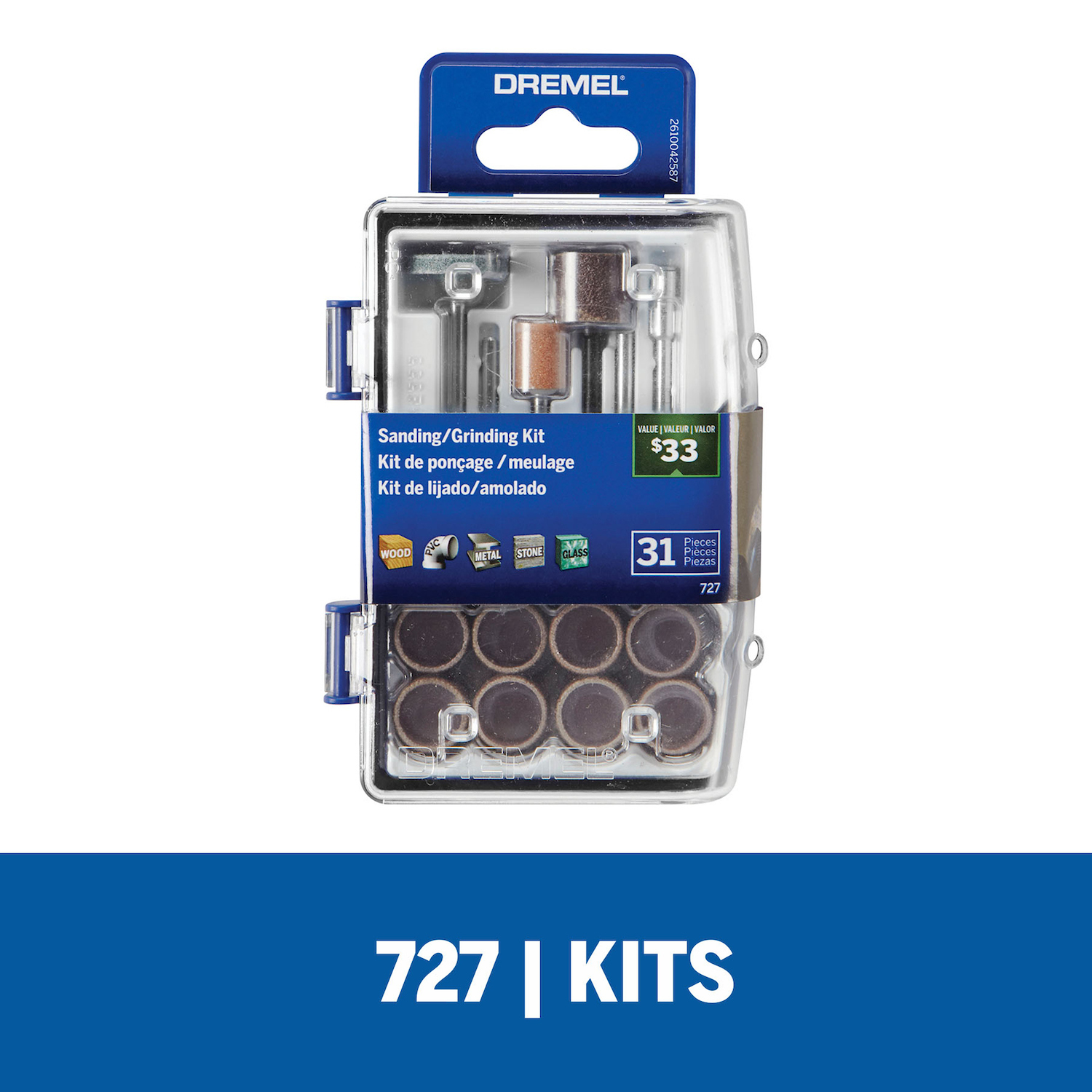Kit especialmente diseñado para todas las aplicaciones de lijado y esmerilado Viene con estuche de almacenamiento reutilizable y 31 accesorios. La tapa transparente, el recipiente de almacenamiento y la bandeja extraíble facilitan la ubicación de los accesorios Se puede apilar fácilmente, pararse en posición vertical o colgar en una pared con un gancho. El tamaño reducido ahorra espacio
